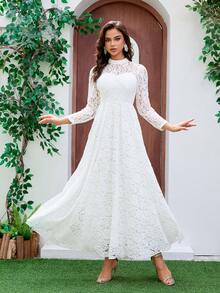 Vestido de Noiva Feminino de Renda com Mangas Longas, Gola Alta, Costas Abertas, Balanço Longo até o Chão, Vestido de Festa Elegante