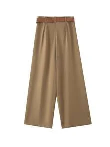 بنطلونات ساقين واسعة للنساء طراز بسيط جديد، بنطلونات فضفاضة مع حزام للنساء، بنطلونات كاجوال شبابية - كاكي - مشاهدة 2