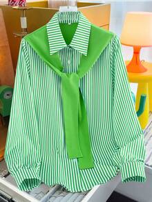 Plus Size Women Casual Knotted, Printed, Striped, Button Shirt Spring - Green - View 1