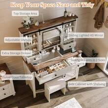 AMERLIFE 42'' Farmhouse Makeup Vanity Desk With Sliding Mirror And Lights, Glass Tabletop Vanity Table With 2 Drawers & Shelves - 1 - View 5