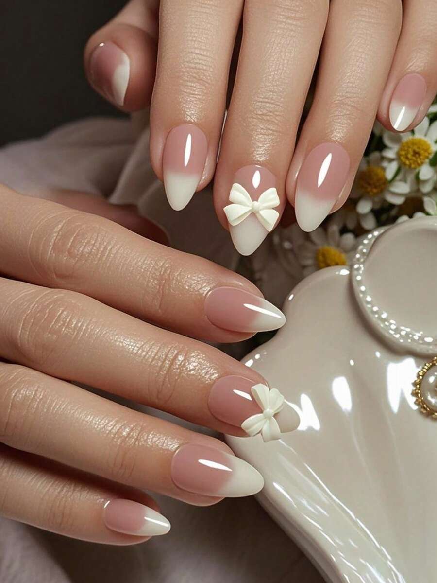 24 件短杏仁型按压指甲，白色渐变，3D 蝴蝶结装饰，全覆盖，易于粘贴和移除，适合女性，包括 1 件果冻凝胶和 1 件指甲锉指甲用品指甲