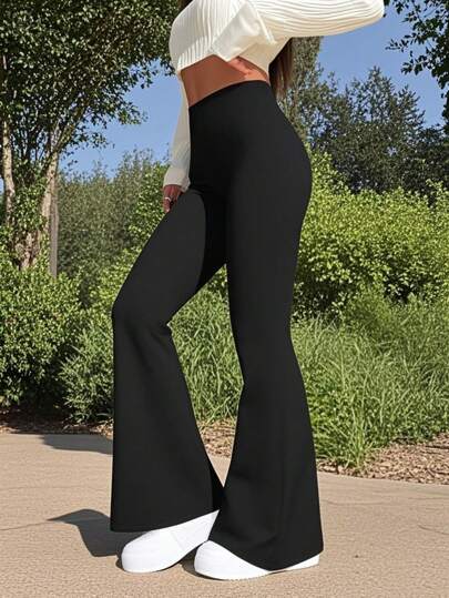 Women's High Waist Black Flare Pants, Slim Fit Sports Yoga Leggings, Compression Tight Pants For Running Workout, Stretchy Comfortable Casual Long Pants, Suitable For Dancing And Yoga, Women's Autumn Casual Wear