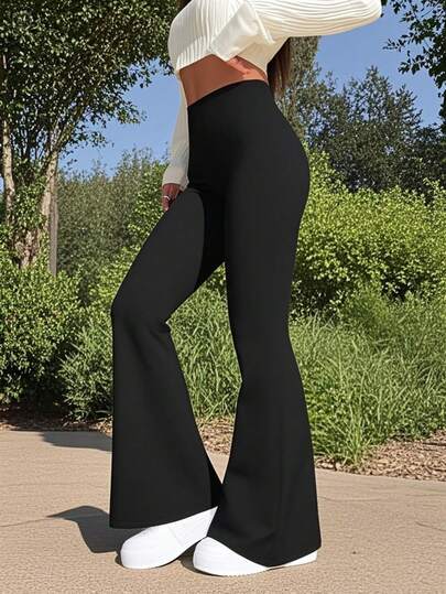 Women's High Waist Black Flare Pants, Slim Fit Sports Yoga Leggings, Compression Tight Pants For Running Workout, Stretchy Comfortable Casual Long Pants, Suitable For Dancing And Yoga, Women's Autumn Casual Wear