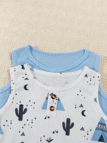 Set da 4 pezzi per neonato maschio, composto da canotta a fantasia di cactus e tinta unita in maglia waffle con collo tondo, più pantaloni, outfit casual di moda per l'estate