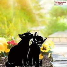 2D Flat 2D Acrylic Double Cats Garden Sign - Charming Black Silhouette Of Two Cats Kissing With Pillar Mounting For Outdoor Lawn Decor, No Power Required, Suitable For 11 Holidays, Holiday Garden Decor, Decorative Art Style Pillar Mounting Sign, Cat Decor