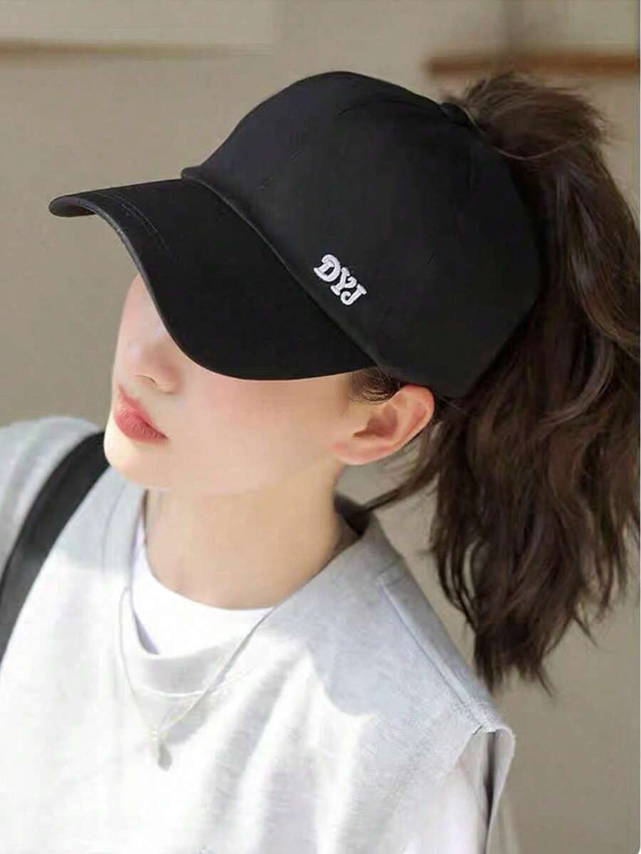 1pc Ponytail Backless Hat Solid Color Casual Sun Visor Solid Color Sun Protection Cycling Sports Hat Breathable UV Protection Baseball Cap Women, Women's Letter Embroidery Baseball Cap Breathable Sun Protection Ponytail Adjustable Sun Hat, Women's Fashion Simple Breathable Baseball Cap Adjustable Sun Protection Outdoor Travel Hat For Outdoor Activities, Travel, Sports, Beach Wear - Black - View 1