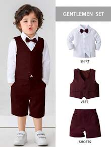 BOARNSEORL 3pcs Young Boys Gentleman Outfit - White Shirt With Bow Tie, Vest And Shorts, Fashionable & For Birthday Party, Gathering, Anniversary, Wedding - Burgundy - View 5