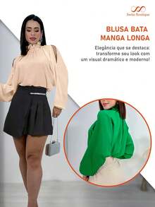 Women's Cropped Blouse Long Sleeve Puffed High Neck Ruffled Mother's Day Launch 2025 - Orange - View 6