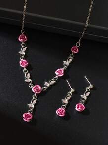 Elegant Anniversary Wedding Jewelry Set Silver Chain Flower Pendant Necklace Dangle Earrings