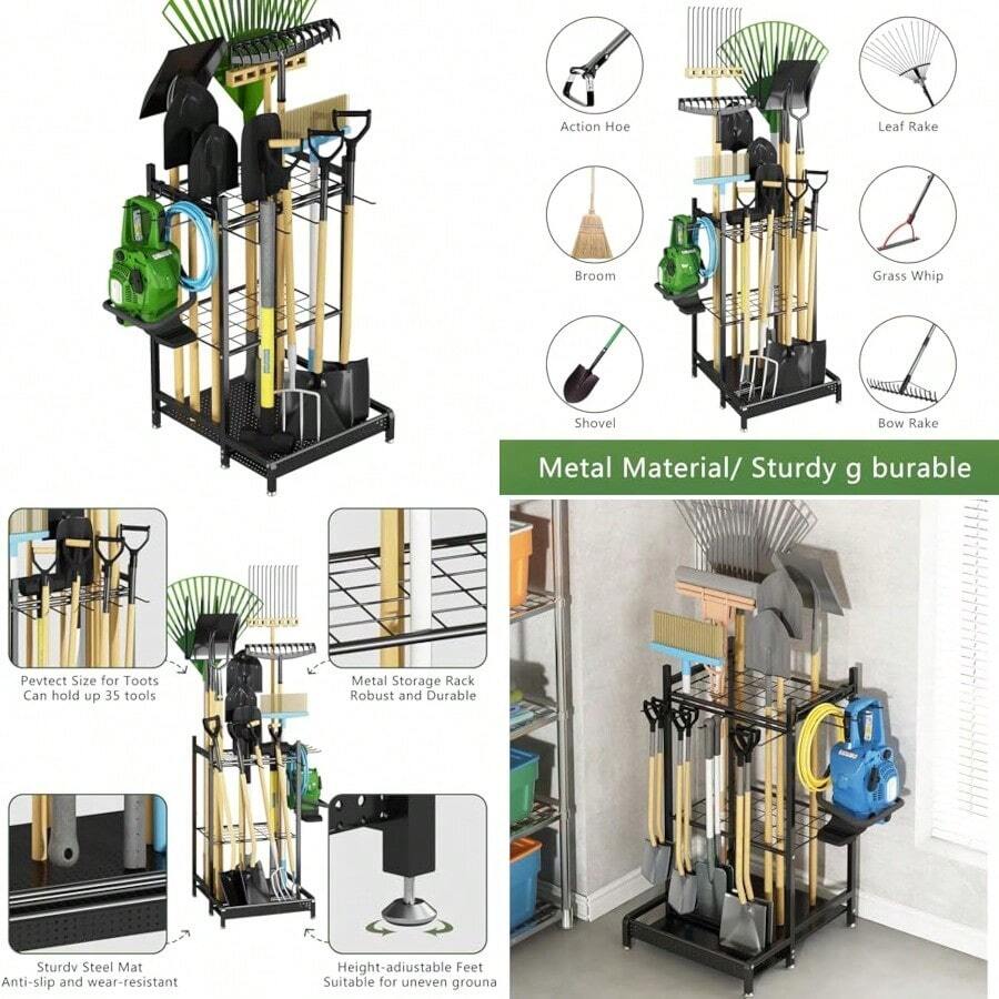 GILLAS Garden Tool Organizer For Garage Utility Storage Racks With Hooks Metal Yard Tool Stand Holder Organizer For LongHandled Broom Shovel Rake Sturdy Heavy Rack For Outdoor Yard Black - Black - View 1