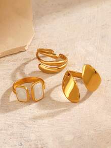 3pcs Set Stainless Steel 18K Gold-Plated Minimalist Geometric Drip Oil Open Ring Jewelry Set, Suitable For Daily Wear