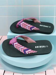 女士百搭简约舒适柔软轻便耐用撞色人字拖沙滩凉鞋 - 玫紅色 - 查看 3