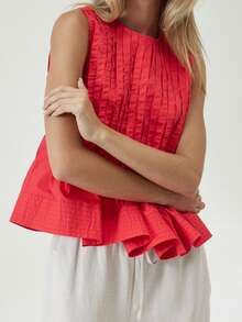Womens Peplum Babydoll Tops Cute Pleated Sleeveless Ruffle Strap T Shirts Tank Summer Tops - Đỏ - Xem 6