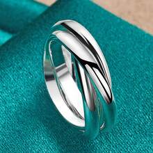 Anillo de triple círculo minimalista plateado en plata de ley 925 para mujer, tallas 5/6/7/8/9/10, regalo de moda para fiesta o estudiante, joyería de encanto - Plateado - Ver 1
