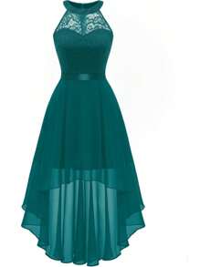 Abito in pizzo, abito da cocktail, scollo a V, lunghezza media, decorazione con cintura, scollatura, pizzo, abito da sera, temperamento, moda elegante, a strati