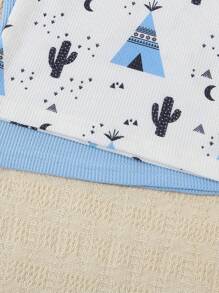 Set da 4 pezzi per neonato maschio, composto da canotta a fantasia di cactus e tinta unita in maglia waffle con collo tondo, più pantaloni, outfit casual di moda per l'estate