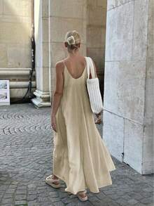 Robe maxi femme ample décontractée à col V texturé avec bretelles spaghetti - Nude - Voir 7