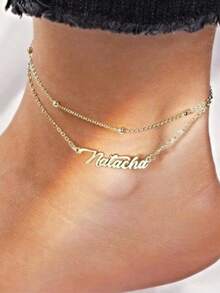 Customized Double-Layer Name Anklet, Summer Jewelry, Stainless Steel Name Anklet, Fashionable Personalized Double-Layer Beaded Cross Chain Anklet, Beach Resort Anklet Accessory, Sexy Anklet - Multicolor - View 5