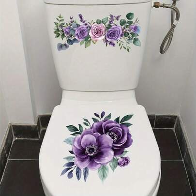 Purple Floral Toilet Seat Decal, Self-Adhesive PVC Bathroom Sticker, Purple Floral Pattern, Waterproof Plastic Surface Decal, Plant Themed Bathroom Decoration Accessories