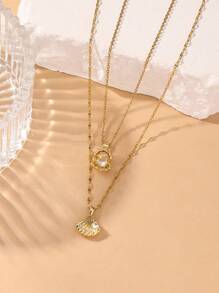 2 pièces/Set Série océanique collier pendentif avec coquille incrusté de cubique zircone scintillant, chaîne ras-de-cou en acier inoxydable doré. Convient pour le port quotidien, les vacances, les fêtes, les cadeaux