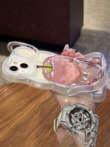 Cute Crystal Apple Wave Edge Lens Bracket Phone Case Compatible With IPhone 16 15 14 Plus 13 12 Pro Max 11 Clear Kickstand Protection Soft TPU Back Cover - Crystal Apple - View 5