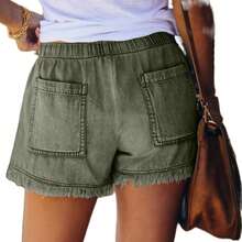 Women Lightweight Washed Denim Shorts, Casual Drawstring Hot Pants Elastic Waist Frayed Hem Loose Comfy Short Jeans - màu xanh lá - Xem 2