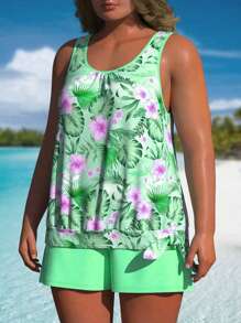 Plus Size Women's Tankini Set Tank Top&Shorts Green Plants, Leaves, Flowers Floral Print