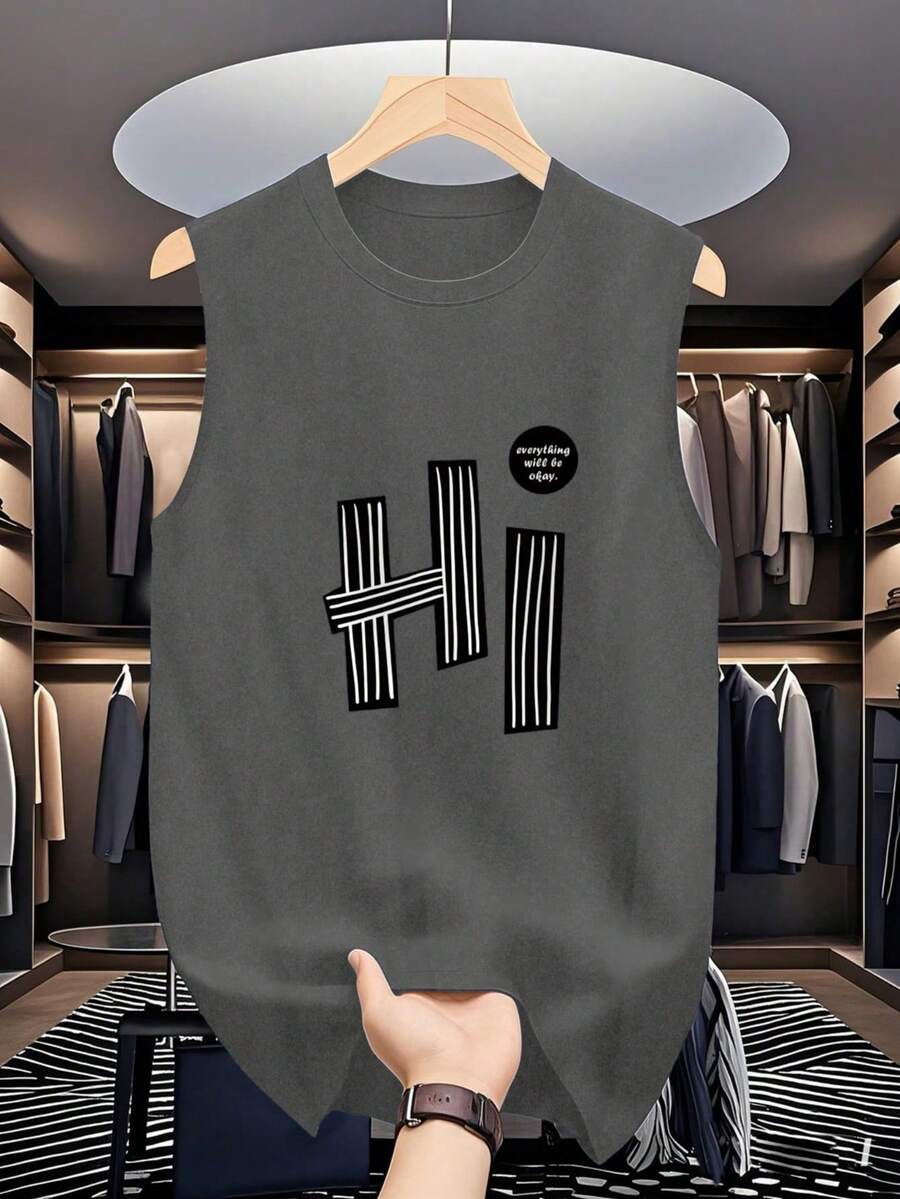 Men's Loose Fit Printed Tank Top, Spring/Summer - Dark Grey - View 1