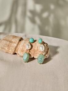 1pair Women's Fashion Bohemian Simulated Turquoise & Cracked Texture Resin Asymmetrical Faux Pearl Pendant Earrings Winter Gifts - Mint Blue - View 1