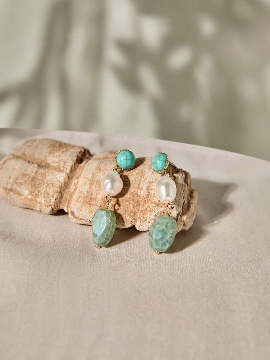 1pair Women's Fashion Bohemian Simulated Turquoise & Cracked Texture Resin Asymmetrical Faux Pearl Pendant Earrings Winter Gifts - Mint Blue - View 1