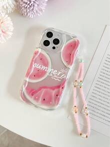 حافظة هاتف نسيج كريمي مموج بألوان تدرجية لرسم البطيخ والفراولة، مقاومة للسقوط مع زخرفة سوار مزين بزهور مصنوعة يدويًا ، متوافقة مع آيفون، ريدمي 10/9/نوت 9/12C/نوت 11 برو/نوت 8 برو - متعدد الألوان - مشاهدة 4