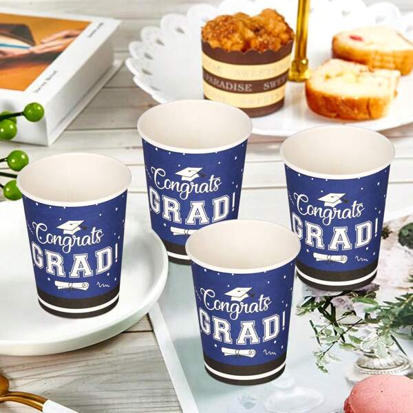 1 paquete de vasos desechables de papel de 9 onzas con diseño de birrete de graduación, apropiados para la temporada de graduación, fiestas temáticas y celebraciones