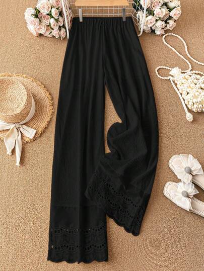 女士春夏优雅休闲时尚刺绣蕾丝边女式喇叭裤