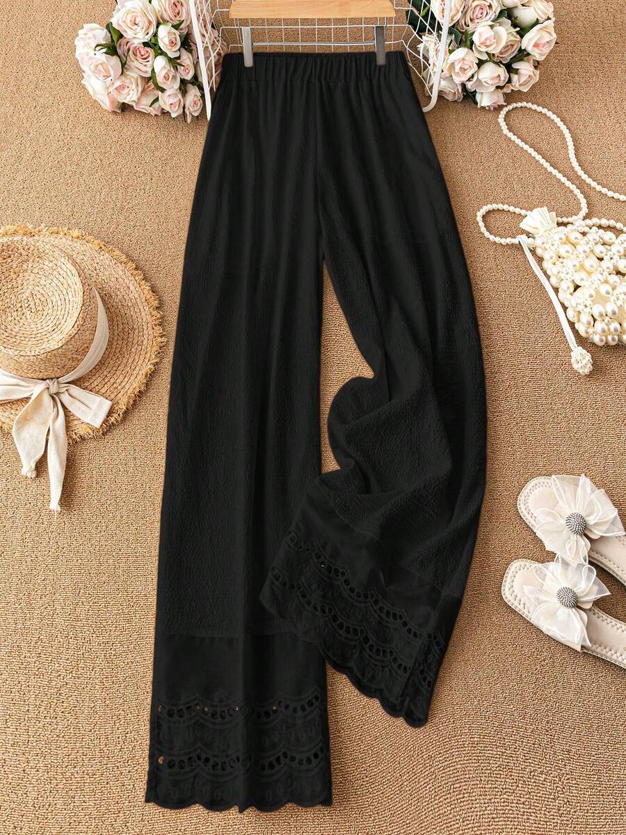 女士春夏优雅休闲时尚刺绣蕾丝边女式喇叭裤 - 黑色 - 查看 1