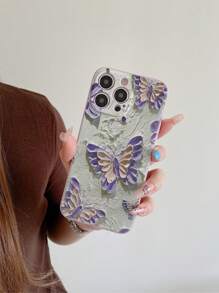 1pc Soft Protective Phone Case With Painting Butterfly Pattern, Suitable Compatible With Apple/Redmi/VIVO/OPPO, Light Purple