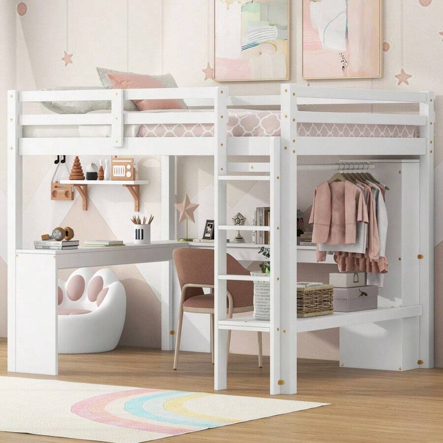Cama alta de tamaño completo con escritorio en forma de L, armario y estantes de almacenamiento, color blanco-3190 - Multicolor - Ver 1