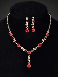 新款优雅金叶红玫瑰吊坠项链耳环新娘首饰套装 - 紅色 - 查看 4