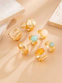 7pcs/Set Geometric Vintage Faux Gemstone Inlaid Asymmetrical Metal Rings Set, Luxurious Everyday Casual Women & Couples Jewelry Rings Gift For Birthday, Holiday