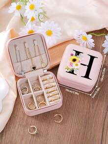 1 件花卉首字母首饰盒、A-Z 字母旅行首饰盒、伴娘、结婚礼物、字母戒指盒、女士礼品盒、PU 皮革首饰盒（用于戒指、吊坠、耳环、项链等） - 女孩和女士礼品盒。