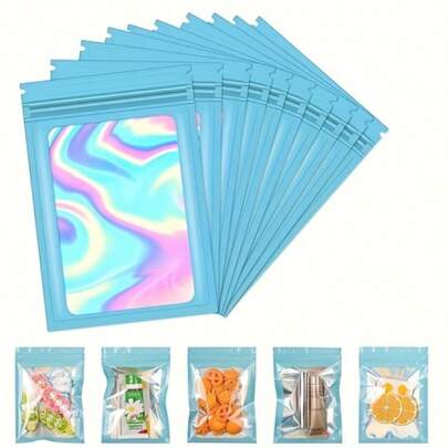 50 piezas Bolsas transparentes con cierre automático de color azul, bolsas resellables para almacenamiento de alimentos para caramelos, gomitas, bolsas de papel de aluminio, regalos de fiesta, suministros para bodas y cumpleaños, decoraciones para el hogar y fiestas