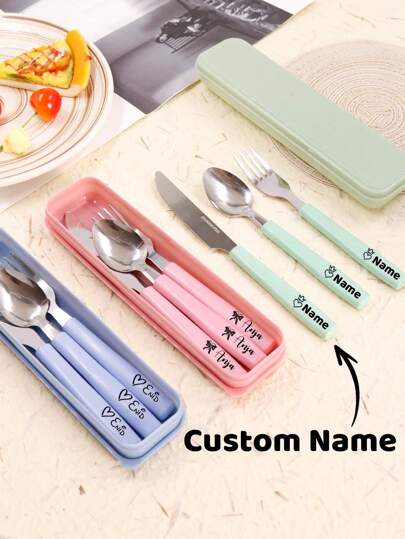LICVIC Custom Name Forks Spoons And Knives Set, Personalized Stainless Steel Kids Utensils Set, Customized Kids Name Utensils, Customizable Portable Tableware Three Pieces Set, Spoon/Fork/Knife, Cute, Adorable, Casual, Custom, Personalised, Unique, Customized, Ideal Gifts For Him, Ideal Gifts For Her, Son, Daughter