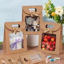 8pcs White Kraft Paper Bags With Clear Window, Upright Gift Bags Bulk With Handle, Paper Gift Bags, White Shopping Bags, Bowknot Gift Wrapping Bags, Suitable For Wedding, Bridal Shower, Birthday, Holiday, Christmas Party, Retail Shop, Brown