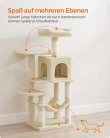 Kratzbaum, 112 cm hoch, Katzenbaum, mehrstöckiges Katzenhaus, mit 4 Kratzsäulen, 2 Plattformen, Hängematte, Höhle, beige - Beige - Übersicht 1