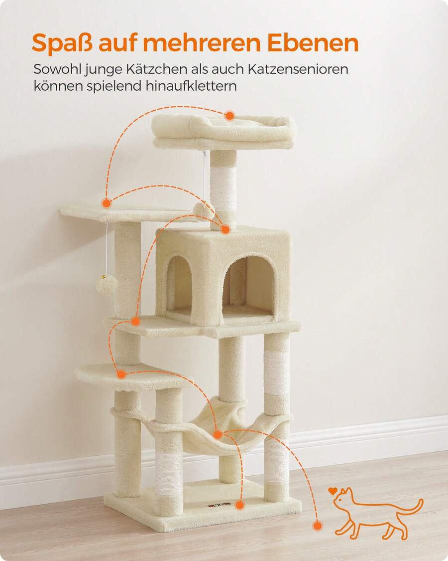 Kratzbaum, 112 cm hoch, Katzenbaum, mehrstöckiges Katzenhaus, mit 4 Kratzsäulen, 2 Plattformen, Hängematte, Höhle, beige - Beige - Übersicht 1