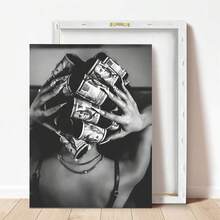 1幅黑色艺术油画，时尚女性艺术，墙面艺术，女子手持钞票帆船帆布油画艺术印刷海报墙面装饰，家居礼品，客厅，浴室，卧室，厨房 - 彩色 - 查看 5