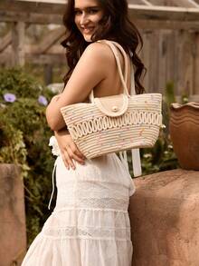 Tropiscape 时尚大容量编织草编手提包，休闲包，饰有丝巾，镂空绳编设计，夏季沙滩单肩水桶包，女士翻盖仿珍珠装饰包，百搭实用，夏季度假包，沙滩包，完美适用于夏季、度假和日常使用，旅行必备，秋季、圣诞节、冬季圣诞礼物 - 米色 - 查看 2