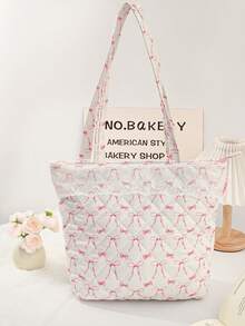 1 件大容量购物手提袋，带蕾丝装饰，可爱花朵和蝴蝶结图案单肩包，时尚绗缝设计手提包，轻便拉链手提包，女士旅行单肩包，带内袋，时尚双手柄钱包，适合购物、旅行、通勤、办公室、外出和学校，休闲购物袋，女童书包单肩包