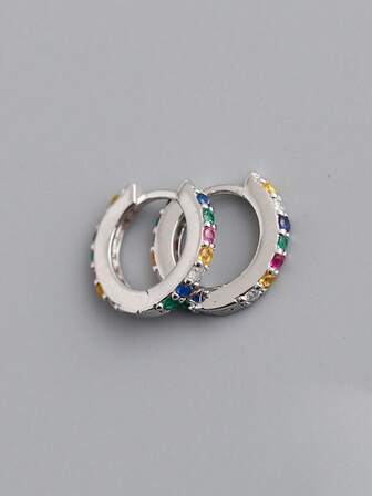 HuooNew 1 Pair 925 Sterling Silver Earrings, Small Hoop Design, Cubic Zirconia Inlaid, Silver Jewelry, Great Gift For Women