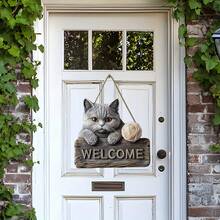 1 Stück britische Bobtail Katze Willkommensschild - Hölzernes Wandhängschild für Eingang, Garten, Flur, Restaurant, Bauernhaus - 2D Flachdruck, ideales Oster-/Geburtstagsgeschenk für Haustier-Liebhaber