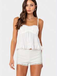 Women's Peplum Blouse  Lace Trim  Ruffled Hem  Sleeveless Fitted Top For Office  Weekend - 白色 - 查看 2